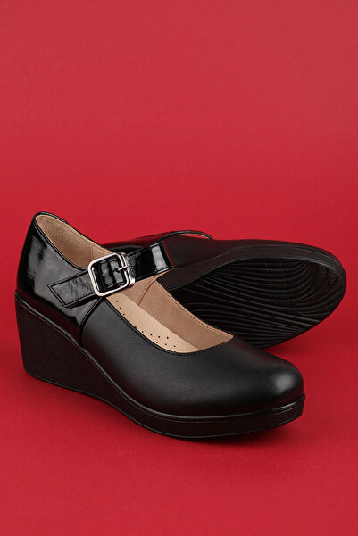 Gondol Genuine Leather Wedge Heel Daily Mother Shoes Nhr.349 Black