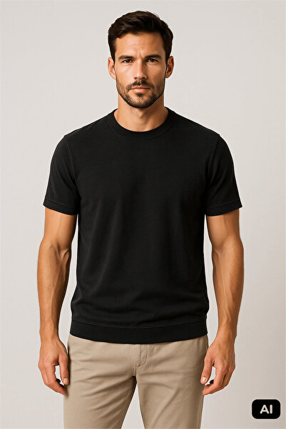 İgs Black Comfortable Fit Crew Neck Plain 100% Cotton T-Shirt