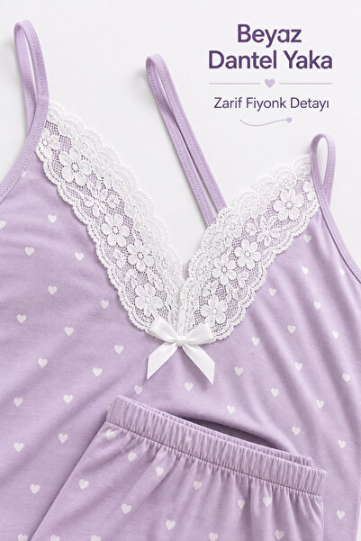Bravie Milan Fabric Heart Patterned Lace Collar Soft Textured Summer Women's Pajama Set Lilac