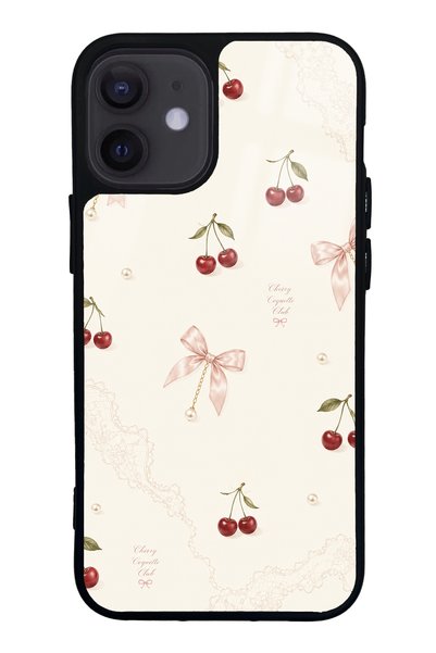 S Mode iPhone 12 Mini Glossy Phone Case with Cherry Pearl Lace Design