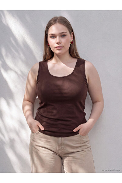 LC Waikiki Vizyon New Season Brown Plus Size U-Neck Women's Undershirt