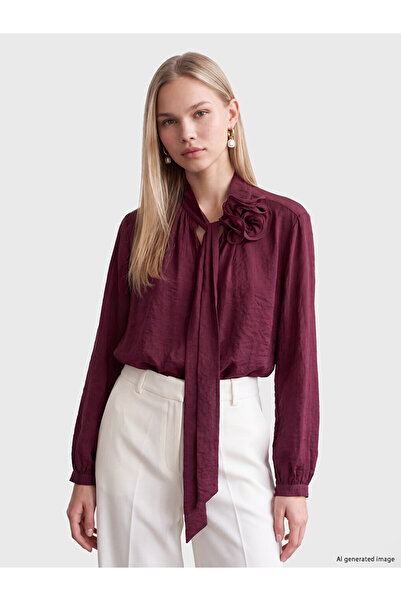 LC Waikiki Peak New Season Plum Scarf Collar Rose Detailed Chiffon Blouse