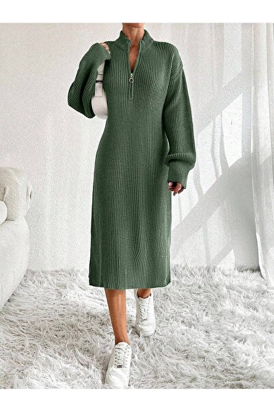 S.ÇLK Kadın Yarım Fermuarlı Dik Yaka Oversize Uzun Kollu Midi Triko Elbise