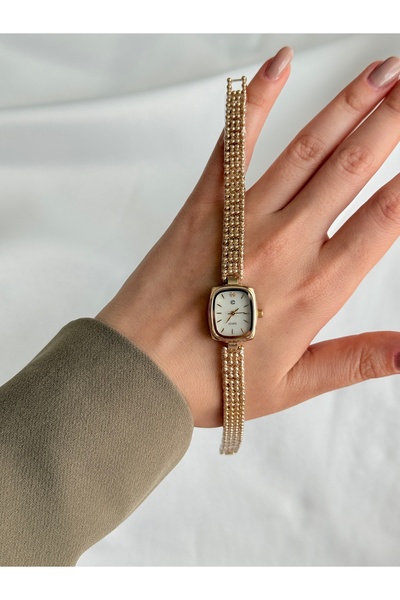 Kadın Gold Kare Kadranlı Taş Detaylı Örgü Metal Kordon Analog Quartz Zarif Kol Saati