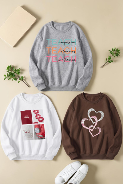 uyguntarz Unisex Mixed Printed Crew Neck Sweatshirt Set – Pack of 3