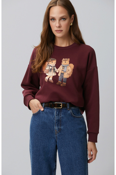 Network Bordo Sincap Figürlü Baskılı Sweatshirt