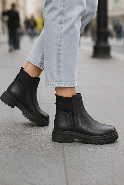 MT Women's Black Genuine Leather Elastic Non-Slip Boots