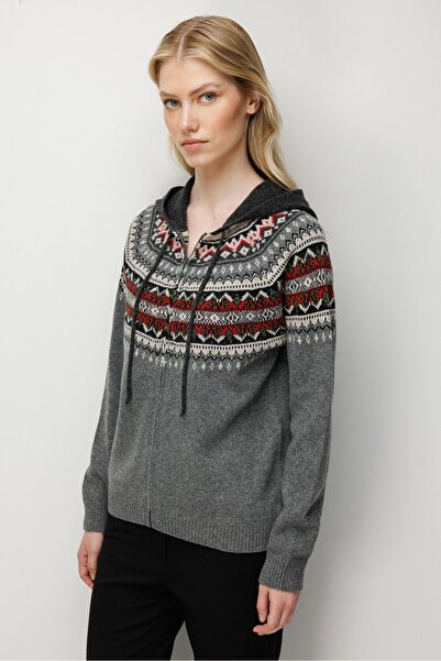 Desen Triko Women's Hooded Robe Jacquard Wool Cardigan Smoked