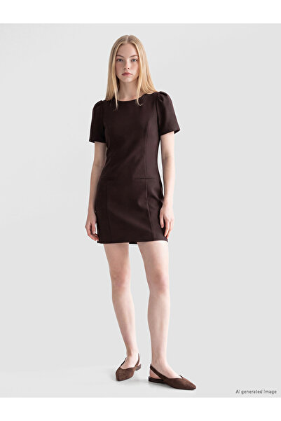 LC Waikiki Brown Balloon Sleeve Mini Dress with Waist Belt