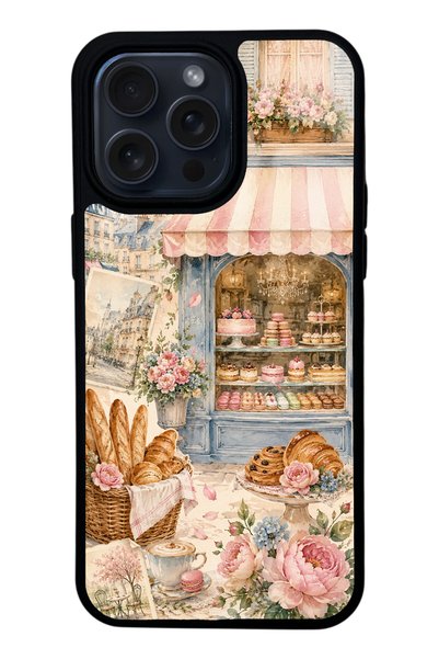 S Mode حافظة هاتف لامعة بتصميم Paris Café Bloom لهاتف iPhone 15 Pro Max