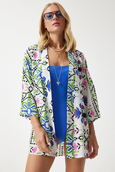 Lovelyİstanbul Patterned Viscose Kimono Len0004 Green Blue