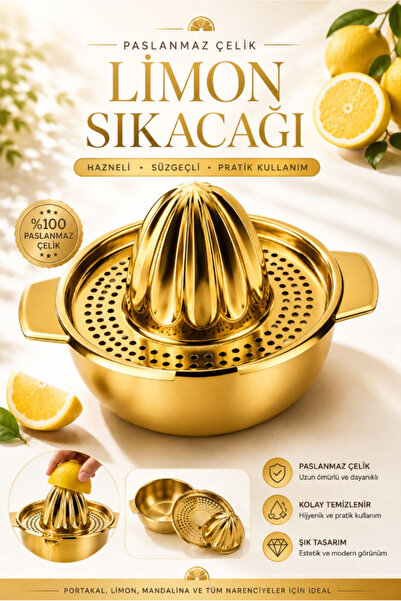 AYGÖREN HOME Gold Stainless Steel Lemon Squeezer with Bowl and Strainer Citru...