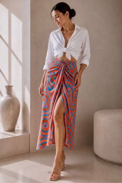 bb butik basic Γυναικεία φούστα παρεό με σχέδια και λεπτομέρεια δεσίματος LNC34