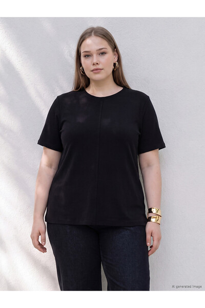 LC Waikiki Lcw Curve Black Large Size 100% Cotton Women's T-Shirt