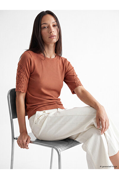 LC Waikiki Lcw Everyday Brown Crew Neck Lace Detailed Women's T-Shirt