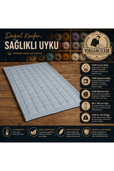 Yorgancızade - Buz Mavisi %100 Pamuk Kapitone Merinos Yün Çocuk Yorganı 95 x 145 cm 1250 Gr