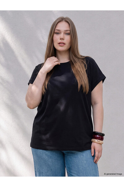 LC Waikiki Lcw Curve Black Large Size 100% Cotton Women's T-Shirt