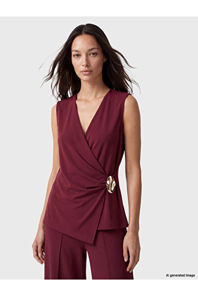 LC Waikiki Özmarka New Season Burgundy Double-Breasted Collared Gathered Blouse