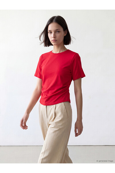 LC Waikiki Lcw Comfort Red Crew Neck Drawstring Women's T-Shirt
