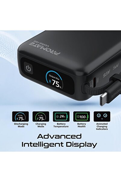 Promate 20000mAh Volta-45 Power Bank with 45W Fast Charging (Black) Built-in USB-C Cable, Triple Dev