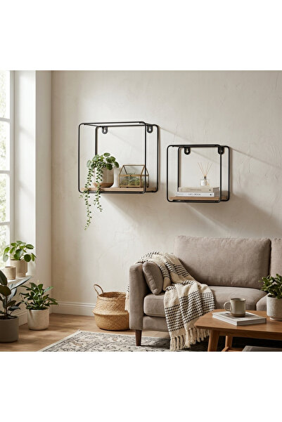 HYVESTO Set 2 Rafturi Suspendate Decorative Patrate din MDF si Metal (2 Marimi: 17.5 cm si 22 cm), Etajere de Perete Stil Industrial/Modern, Accesorii de Montaj Incluse, Negru/Lemn Natur