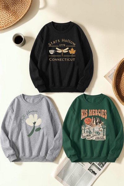 uyguntarz Unisex Mixed Printed Crew Neck Sweatshirt Set – Pack of 3