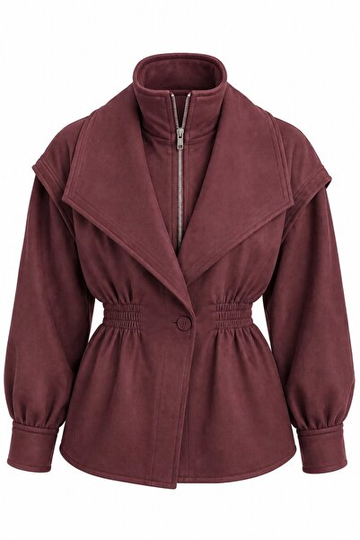 Laluvia Burgundy Elastic Waist Suede Jacket - 5164