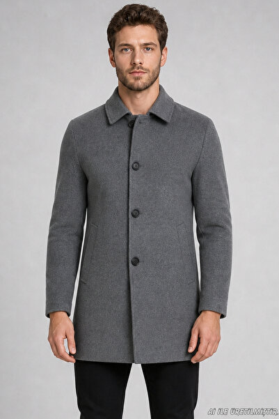 Freemen Men's Anthracite Slim Fit Cashmere Coat Classic Collar 3 Buttons Shor...