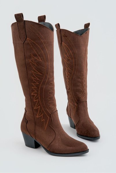 ŞIK STORE Women's Cowboy Tan Boots with Brown Pattern and Western Stitching Detail, Thick Heeled