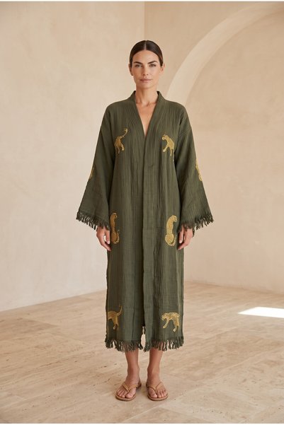 Bohoyasam Women's Muslin Long Kaftan – Stone Printed Bohemian Kimono
