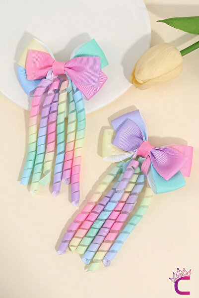 Cinderella Set of 2 Pastel Rainbow Ribbon Spiral Bow Hair Clips 8cm - Year-En...