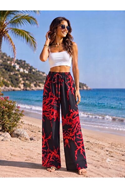 KOZZ STYLE Women's Woven Viscose Relaxed Fit Trousers Black Red Pattern