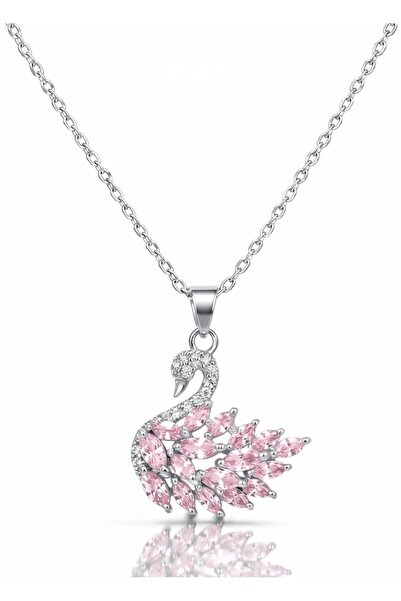 Takı Dükkanı Stainless Steel Zircon Shuttle Stone Swan Necklace Women's Pink ...