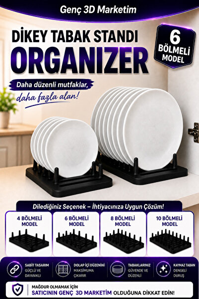 Genç 3D Dikey Tabak Standı Organizer - 6 Bölmeli Tabaklık - Mutfak Dolap İçi ...