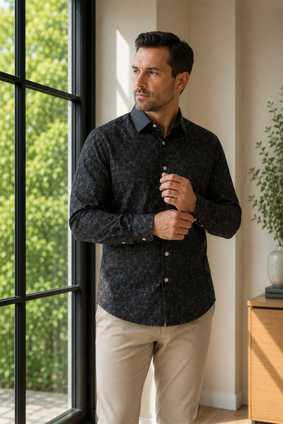Beyome Erkek Slim Fit Poplin Gömlek Uzun Kollu Desenli Pamuklu Cepsiz Gizli D...