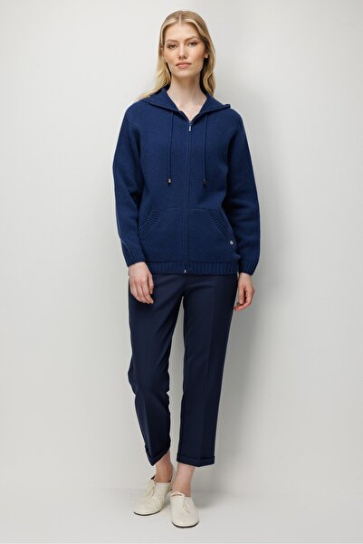Desen Triko Women's Hooded Basic Zippered Wool Cardigan O.Indigo