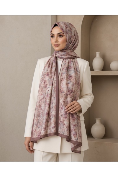 liva ipek 🌸 Pudra Gül Kurusu Tonlarında Dijital Baskı Çiçek Desenli Şal