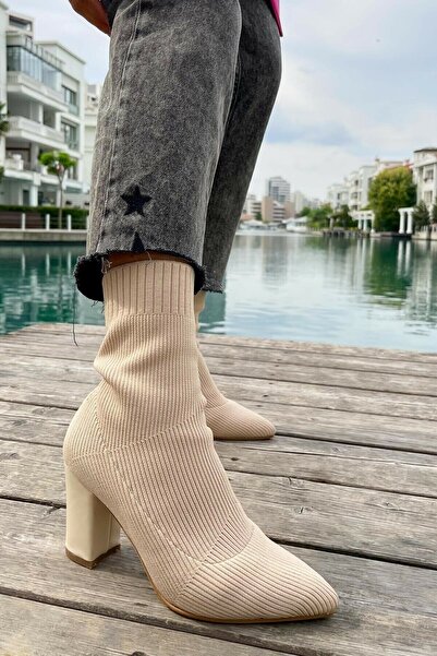 İmerShoes Günlük Kadın Streç Triko Kalın Yüksek Topuklu Bot Bootie Çorap Şeritli Sivri Burun Ayakkabı 167