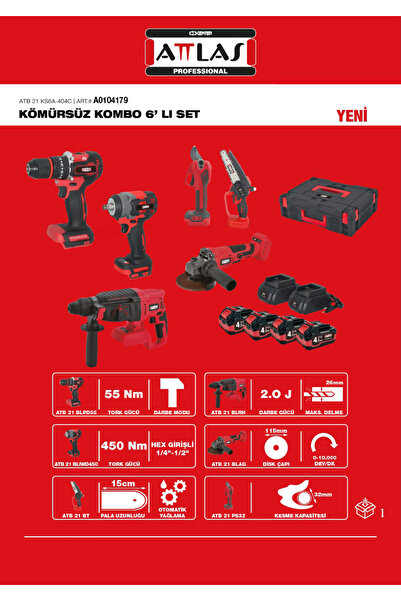Attlas ATB21 KS6A-404C AKÜLÜ 6'LI SET (MATKAP+KIRICI+SOMUN SIKMA+TAŞLAMA+BUDA...