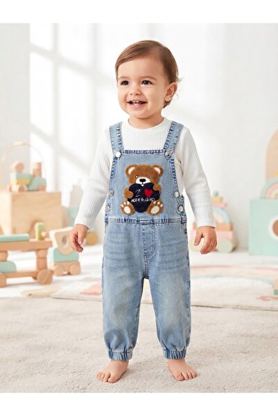 azra kids Sevimli Ayıcık Nakışlı Kalpli Kot Salopet ve Fitilli Bady İkili Takım