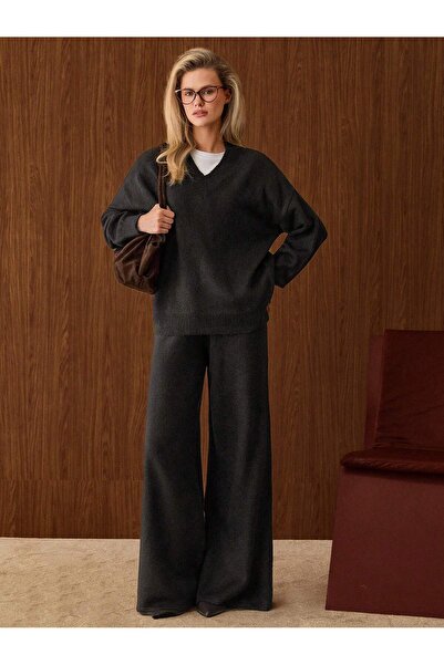 S.ÇLK Women's Shawl Collar V-Neck Oversize Knitwear Sweater Wide Leg Pants Tw...