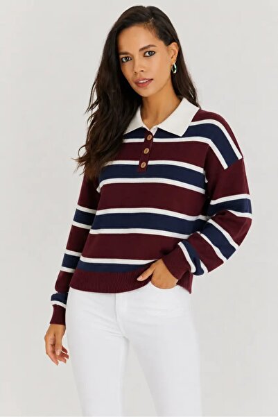 Cool & Sexy Women's Polo Collar Striped Knitwear Sweater Claret Red Navy Blue...