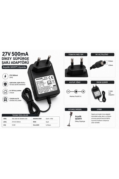 Arçelik SD3971 Uyumlu 27V 500mA Dikey Süpürge Şarj Adaptörü – JOD-S-270050GS