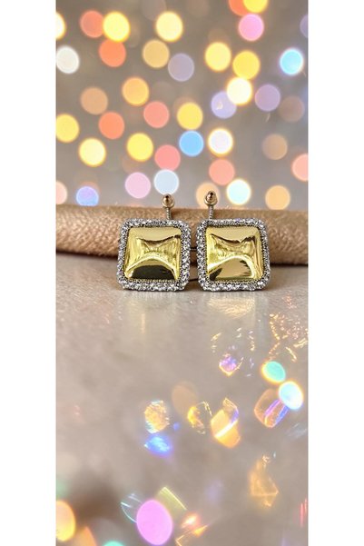ahsenaksesuar2025 Silver Color Crystal Edged Gold Color Square Steel Earrings...