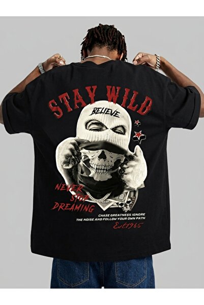 ZAVIXO Ανδρικό μπλουζάκι Stay Wild με στάμπα Oversize, 100% βαμβακερό, κοντομ...