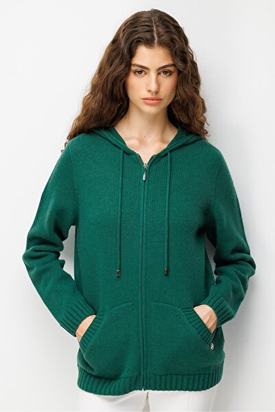 Desen Triko Women's Hooded Basic Zippered Wool Cardigan Ö.Başı