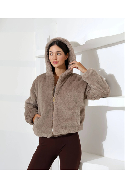 bysoca Women's Brown Hooded Zipper Closure Plush Lined Oversize Bomber Coat W...