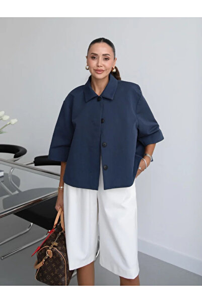 FEMMESTUDIO Women's Navy Blue Hidden Button Half Sleeve Jacket