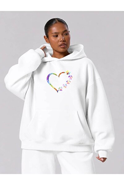 BENROMA 3 Yarn Combed Cotton Plus Size Paw Heart Printed Unisex Sweatshirt Df5