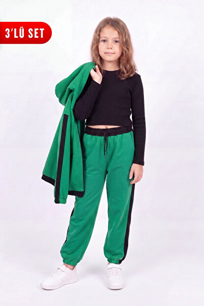 FYK KİDS Girl's Ribbed Crop and Stripe Detailed Tracksuit Set